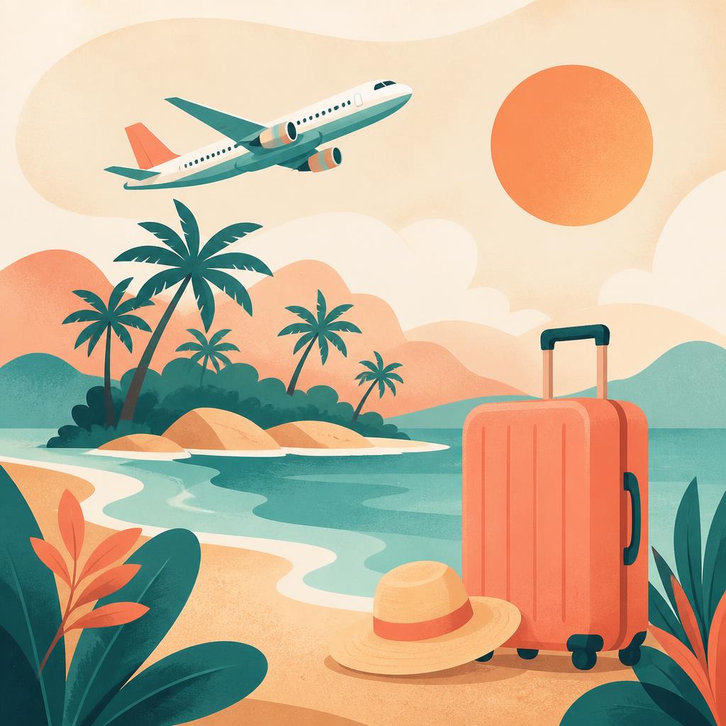 Illustration einer Reise mit Flugzeug, Insel und Koffer